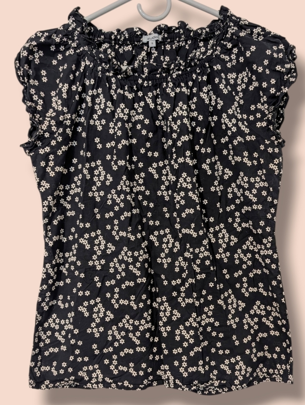 Zudio Black White Daisy Ditsy Floral 100% Cotton Cap Sleeve Ruffle Trim Top SM